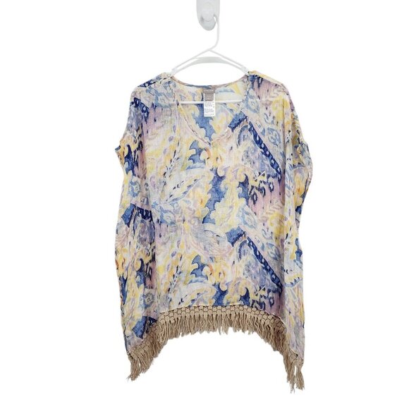 Chico's Women's Lightweight Hand Painted Linen Fringe Poncho - S/M - Picture 1 of 7